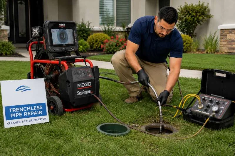 Skilled plumber using trenchless pipe repair equipment on residential property