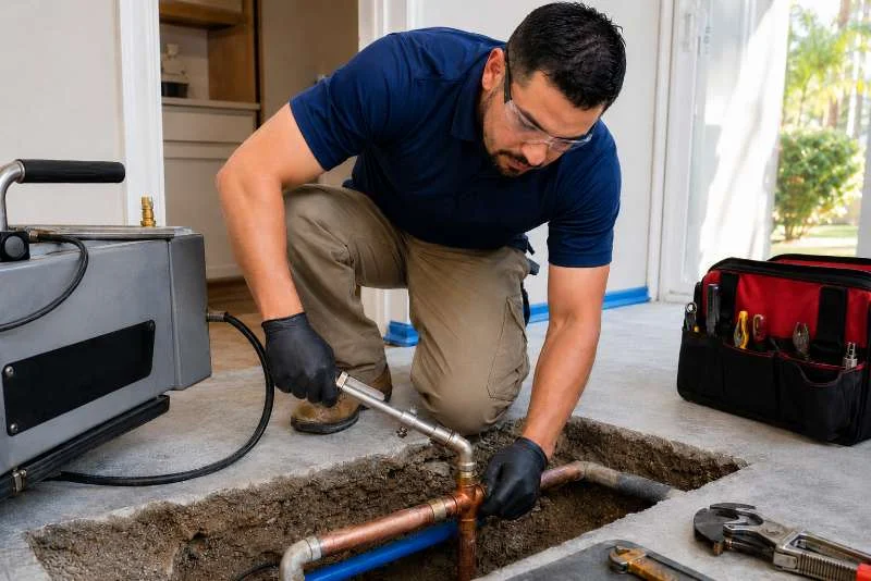Professional plumber fixing leaking copper pipe beneath residential slab foundation