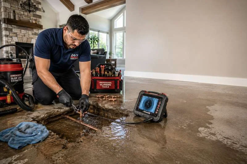 24/7 emergency plumber arriving at Rockwall Texas home for slab leak service