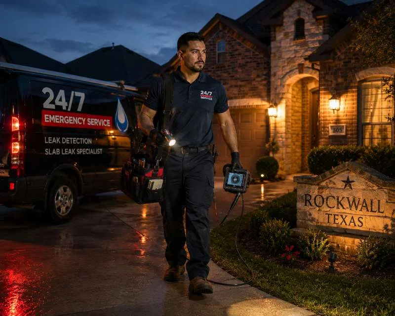 24/7 emergency plumber arriving at Rockwall Texas home for slab leak service