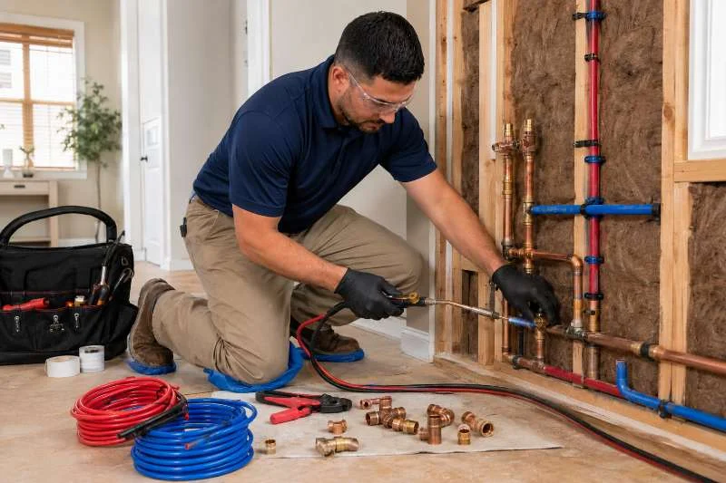 Pipe rerouting service installing new PEX plumbing lines inside modern home