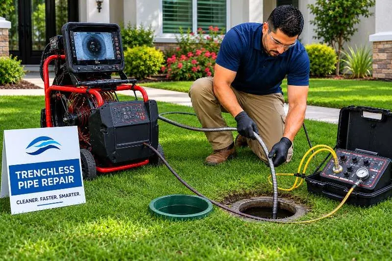 Skilled plumber using trenchless pipe repair equipment on residential property