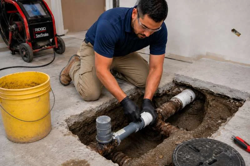 Licensed plumber repairing underground water line beneath concrete slab