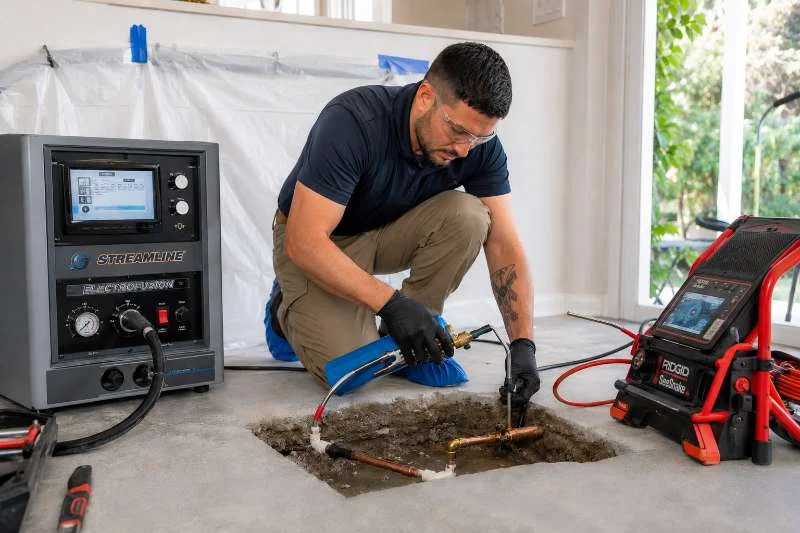Emergency plumber repairing slab leak under concrete floor in Rockwall, TX home