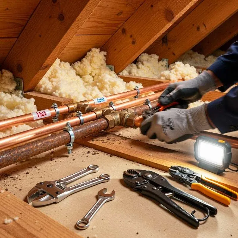 Residential slab leak repair in progress with copper piping and repair tools