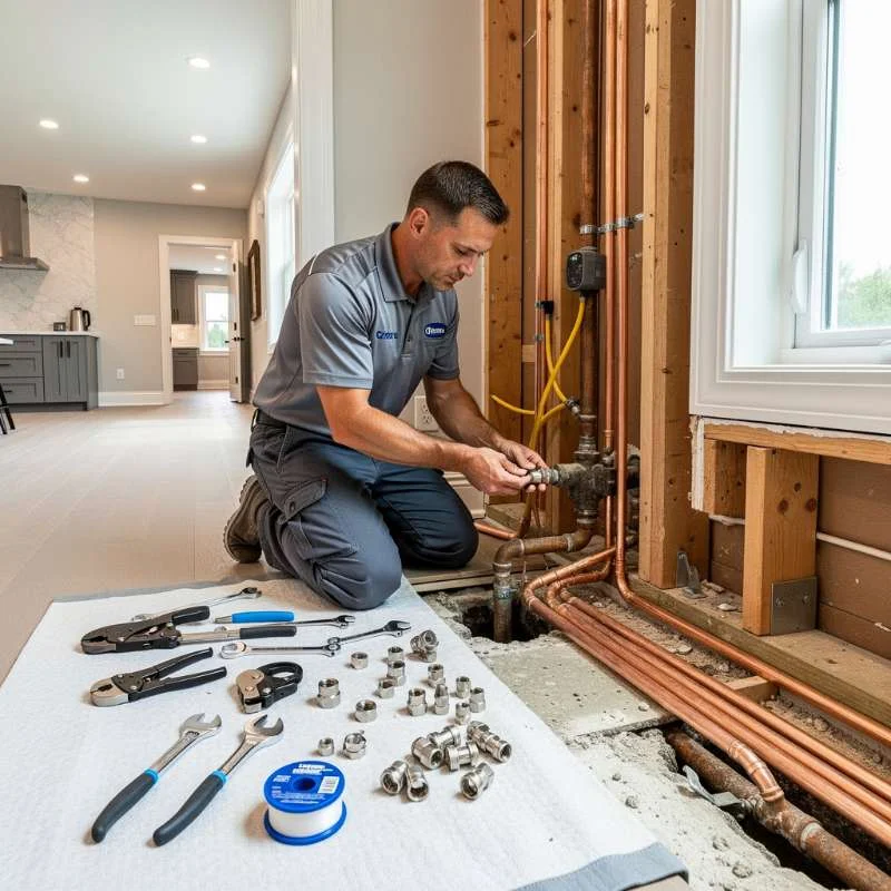 Residential slab leak repair in progress with copper piping and repair tools