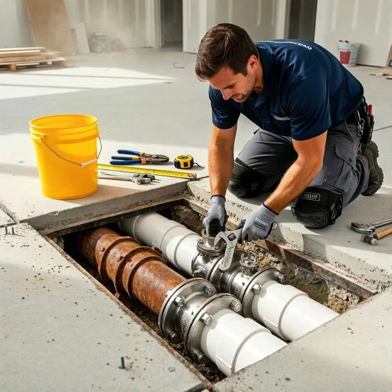 Sewer line repair under slab foundation with exposed replacement pipes