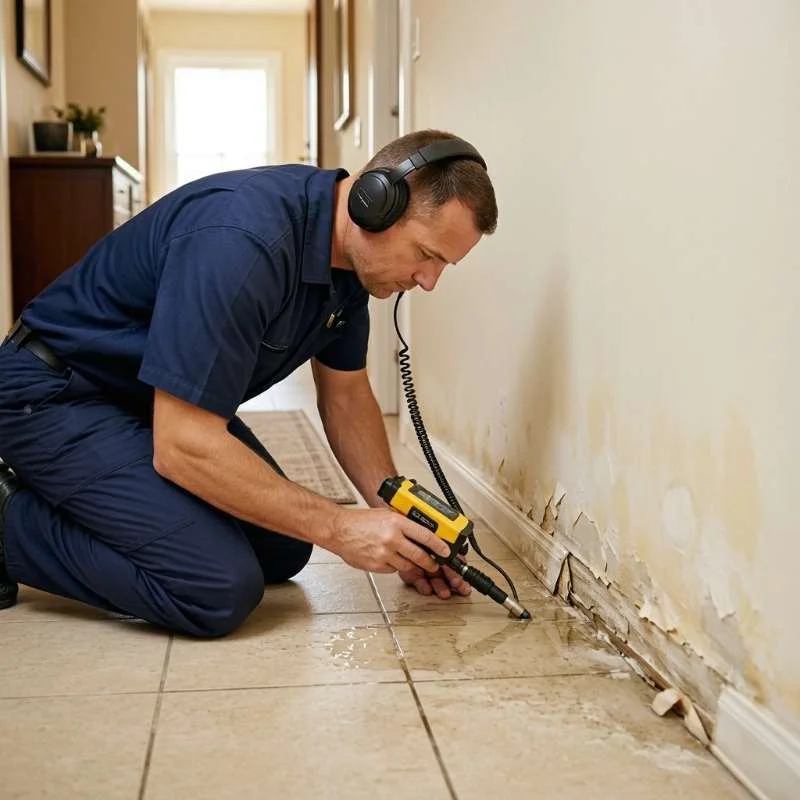 Professional plumbing technician using electronic leak detection device 