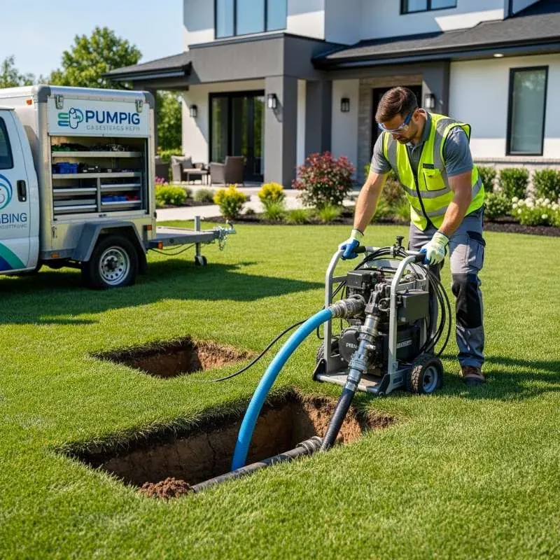 Trenchless sewer repair technician operating modern plumbing equipment outdoors in Stone Creek Village Center