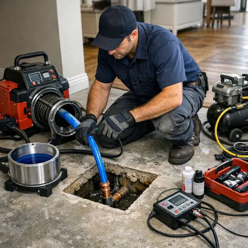 Trenchless sewer repair technician operating modern plumbing equipment outdoors